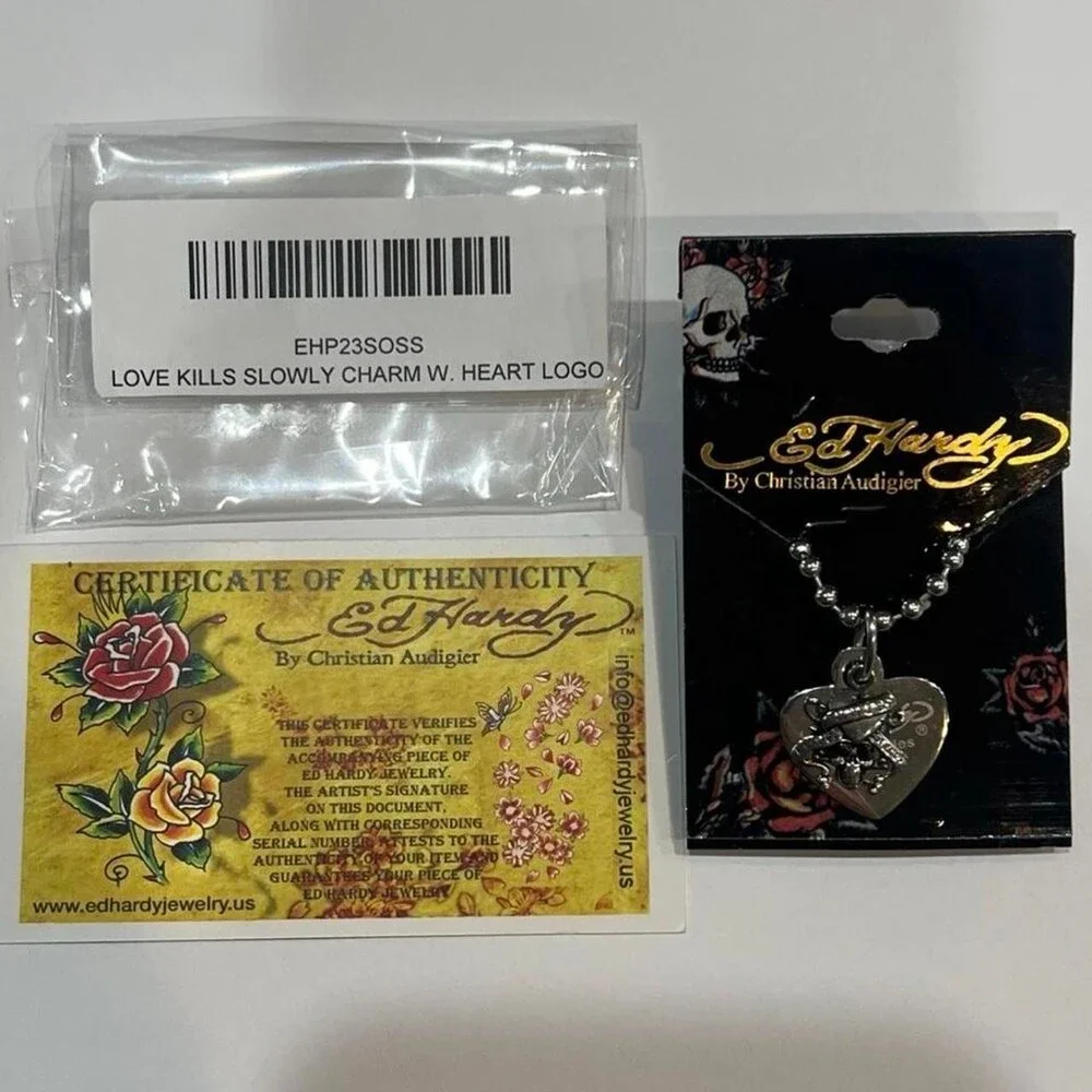 Ed Hardy Love Kills Slowly Heart Skull Necklace Y2K McBling NEW